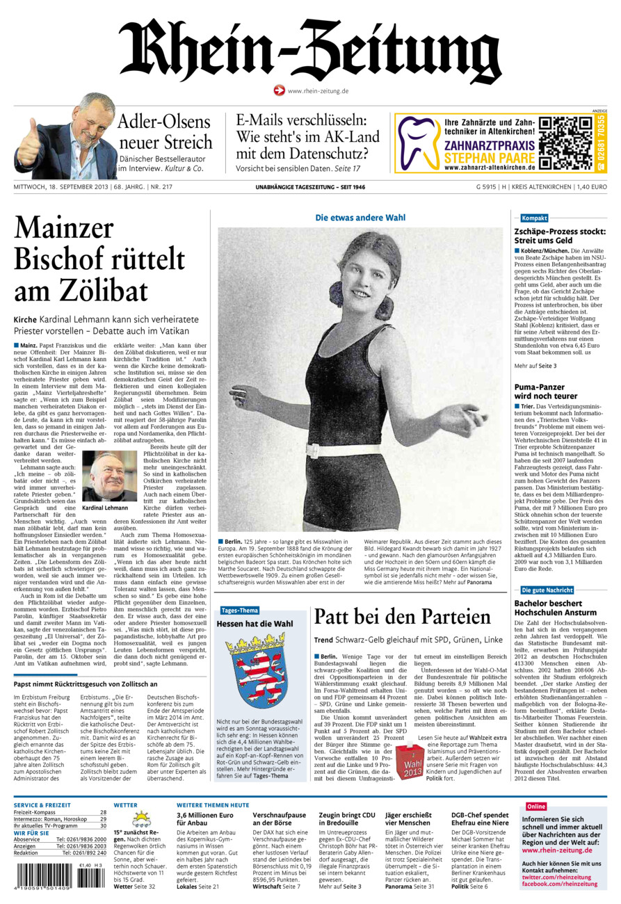 Rhein-Zeitung Kreis Altenkirchen vom Mittwoch, 18.09.2013