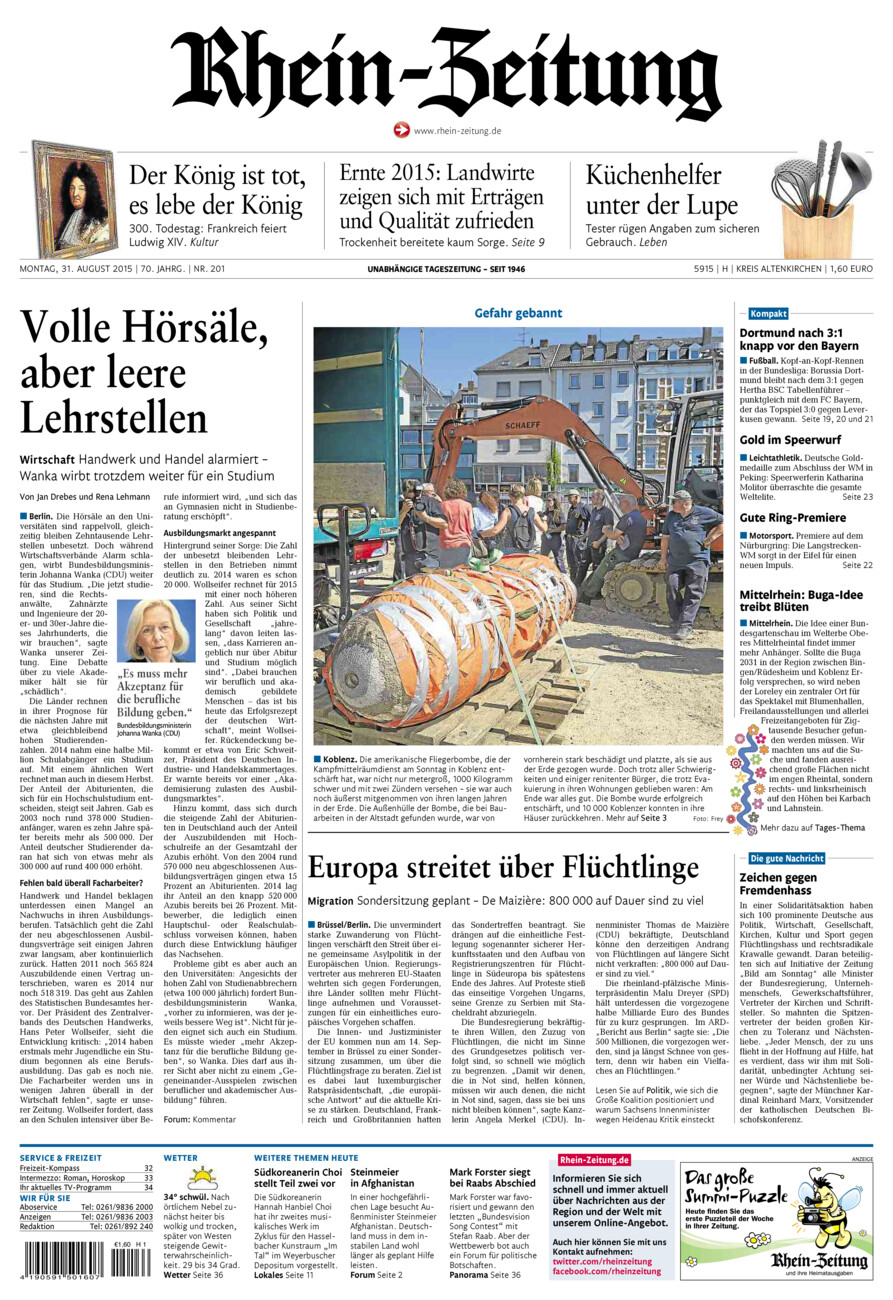 Rhein-Zeitung Kreis Altenkirchen vom Montag, 31.08.2015