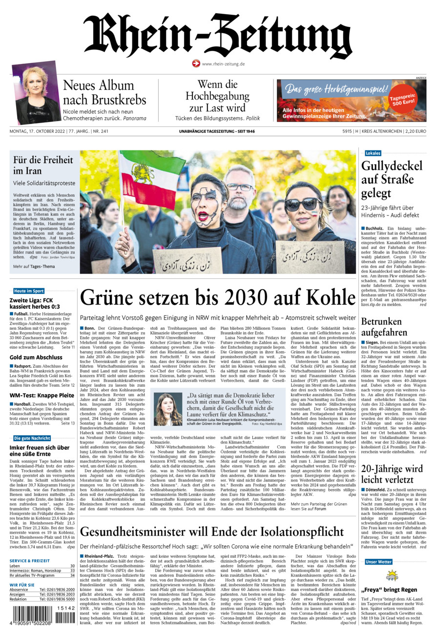 Rhein-Zeitung Kreis Altenkirchen vom Montag, 17.10.2022