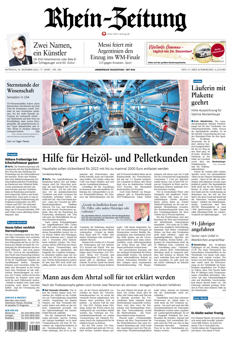 Rhein-Zeitung Kreis Altenkirchen vom Mittwoch, 14.12.2022