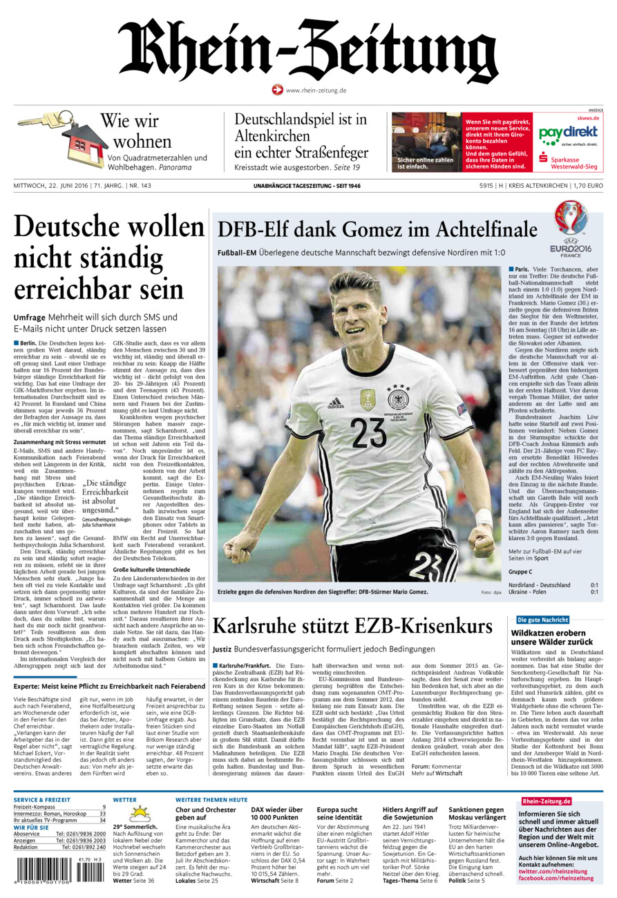 Rhein-Zeitung Kreis Altenkirchen vom Mittwoch, 22.06.2016