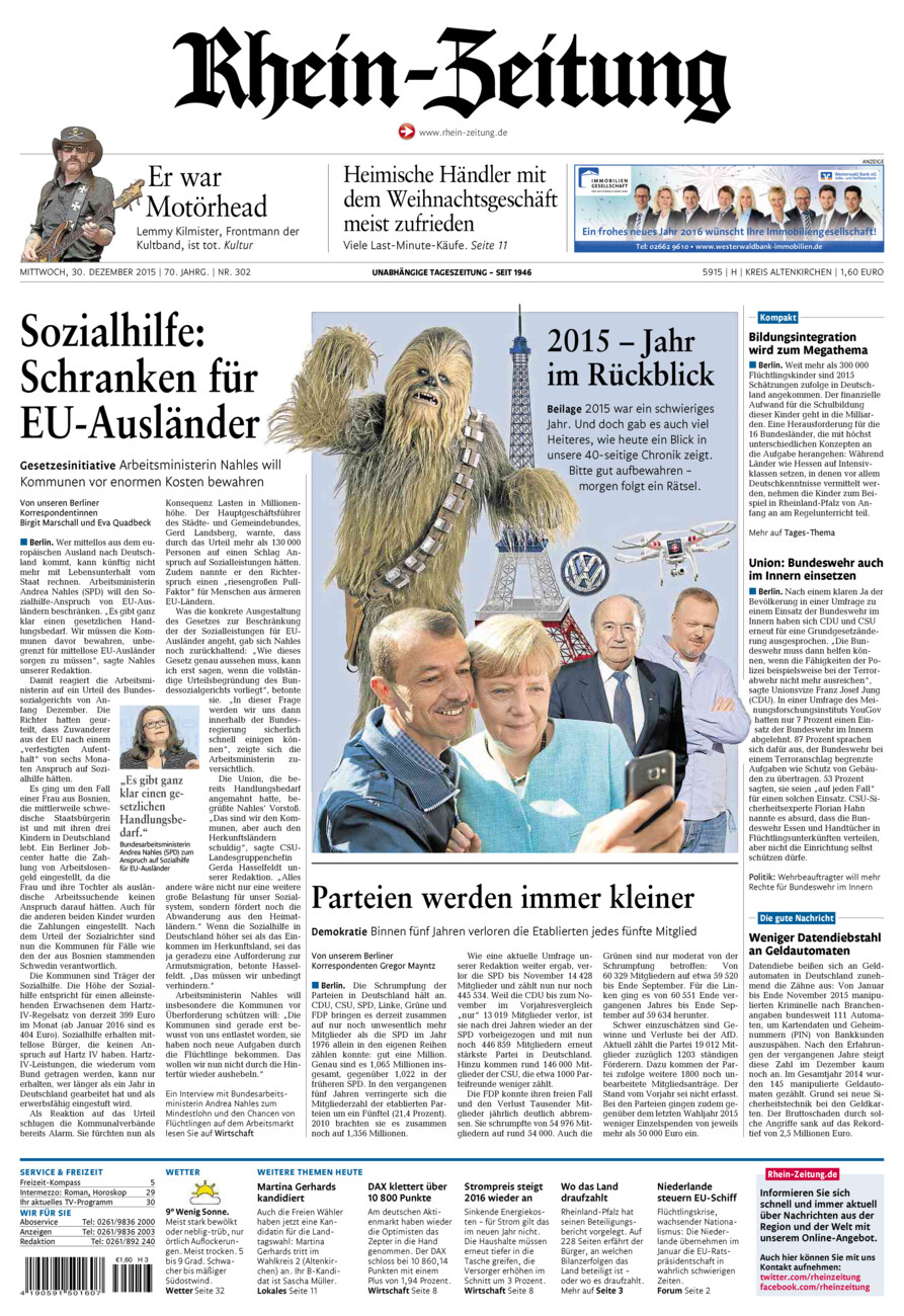 Rhein-Zeitung Kreis Altenkirchen vom Mittwoch, 30.12.2015