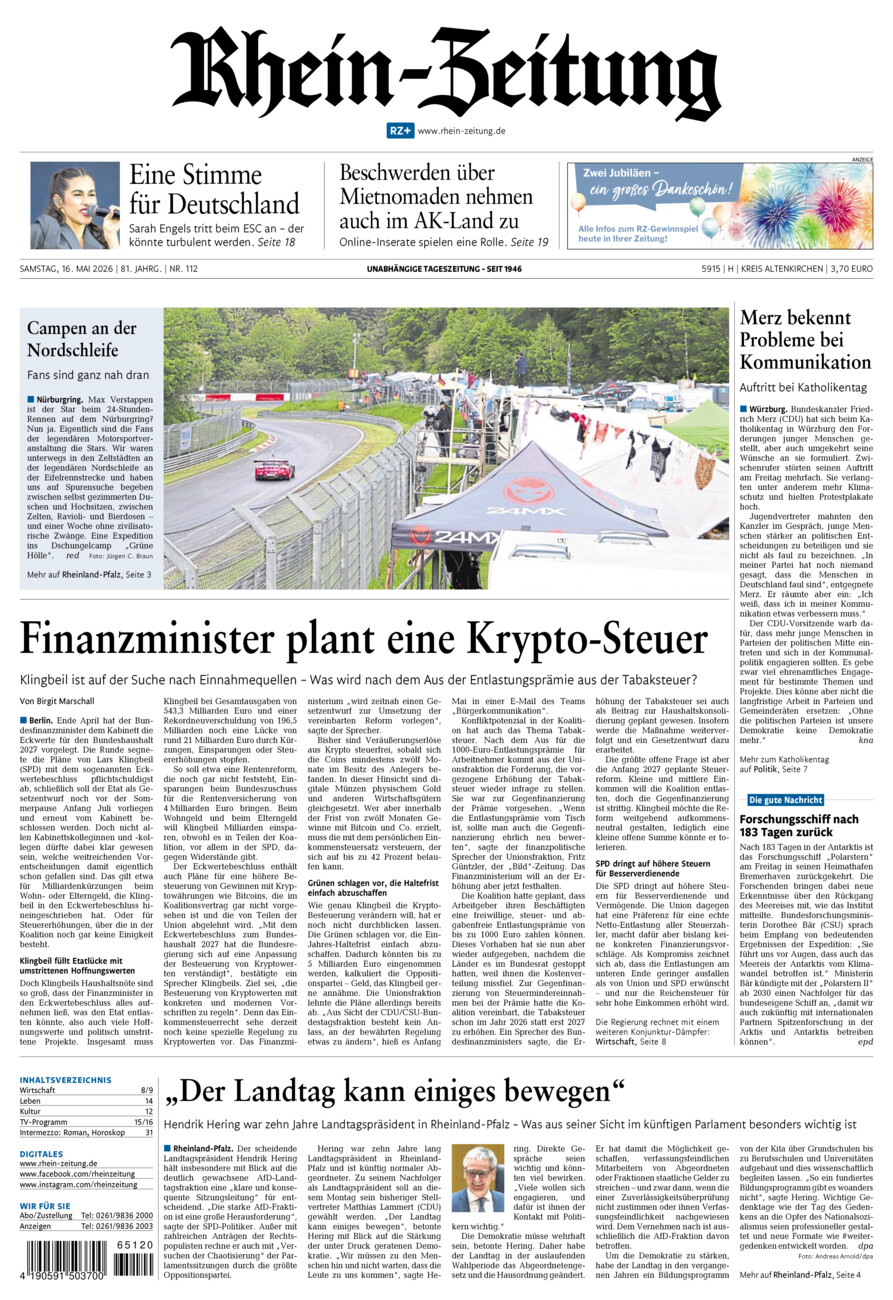 Rhein-Zeitung Kreis Altenkirchen vom Samstag, 16.05.2026