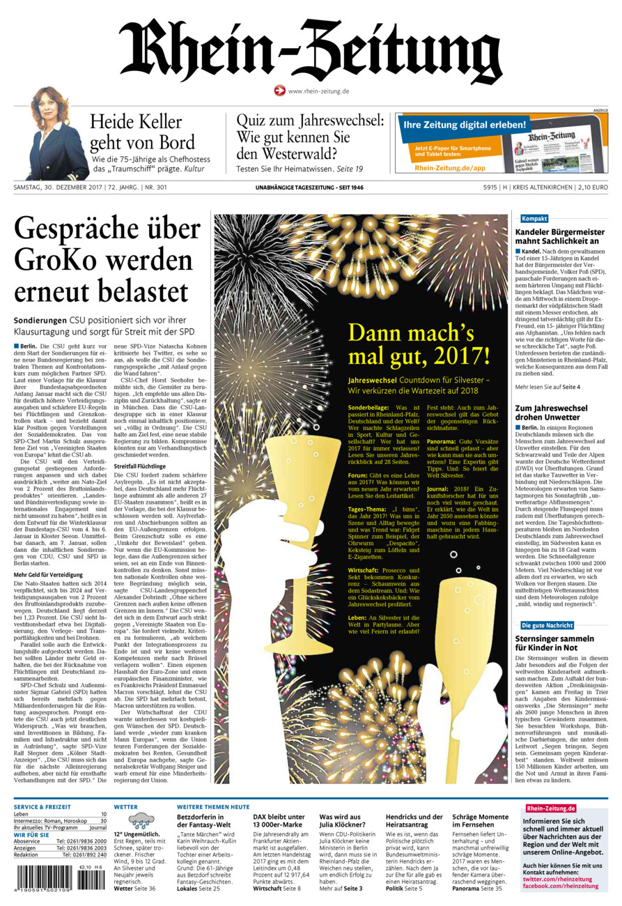Rhein-Zeitung Kreis Altenkirchen vom Samstag, 30.12.2017