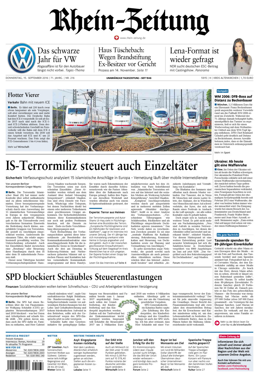 Rhein-Zeitung Kreis Altenkirchen vom Donnerstag, 15.09.2016