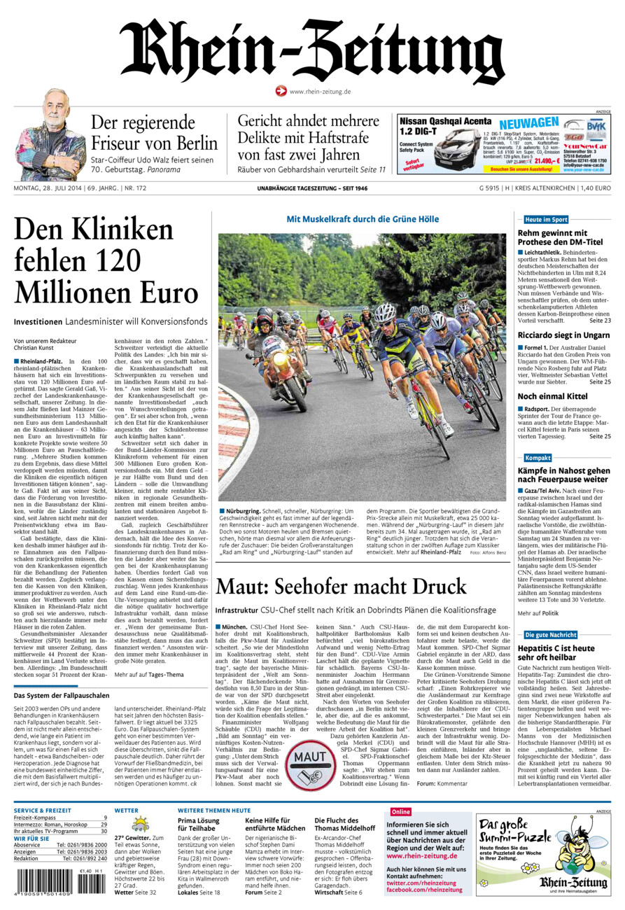Rhein-Zeitung Kreis Altenkirchen vom Montag, 28.07.2014