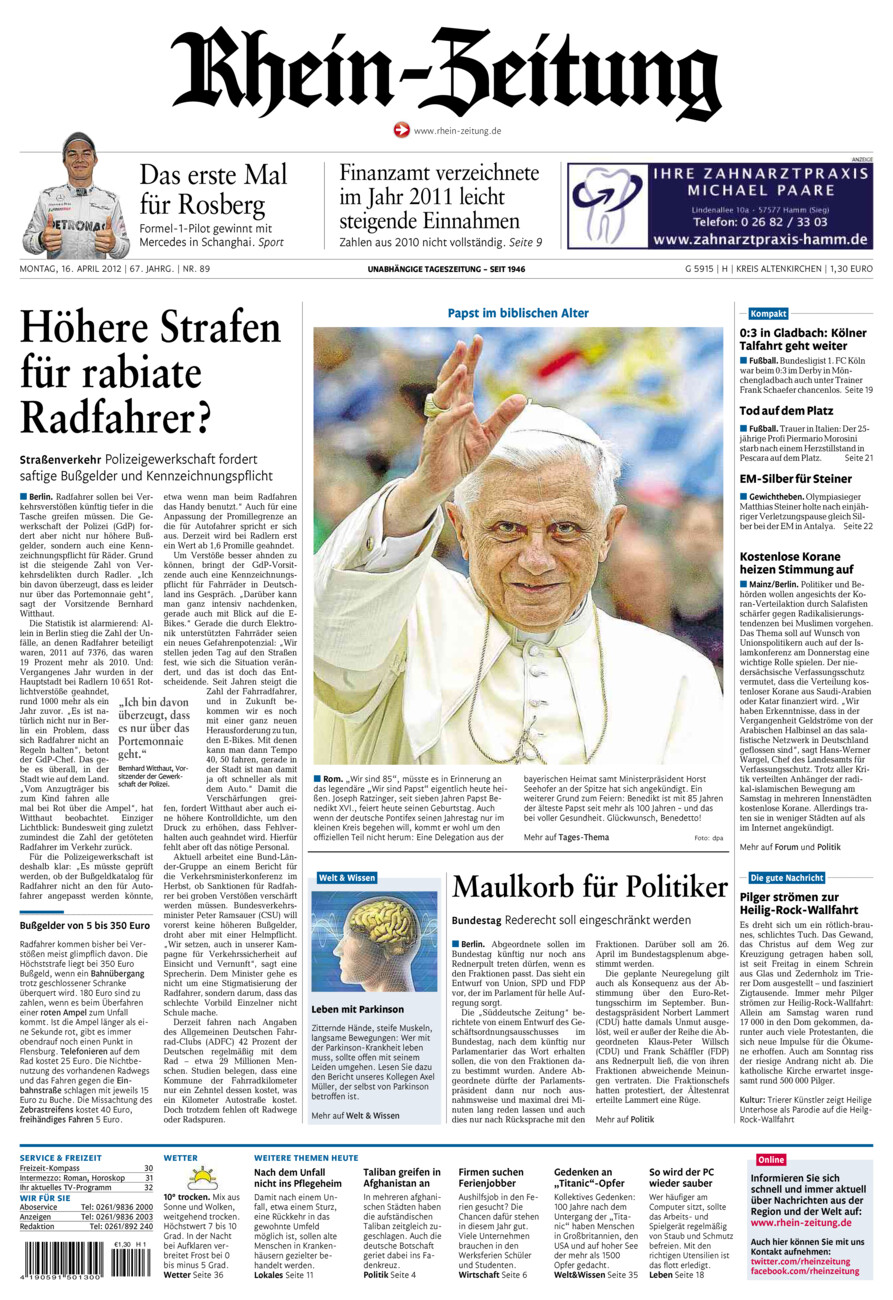 Rhein-Zeitung Kreis Altenkirchen vom Montag, 16.04.2012