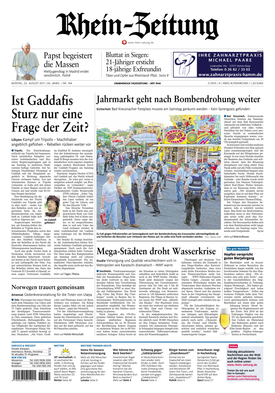 Rhein-Zeitung Kreis Altenkirchen vom Montag, 22.08.2011