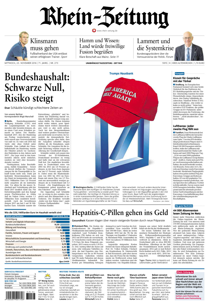 Rhein-Zeitung Kreis Altenkirchen vom Mittwoch, 23.11.2016