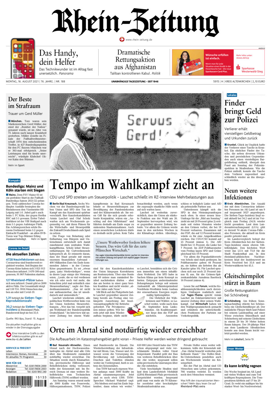 Rhein-Zeitung Kreis Altenkirchen vom Montag, 16.08.2021
