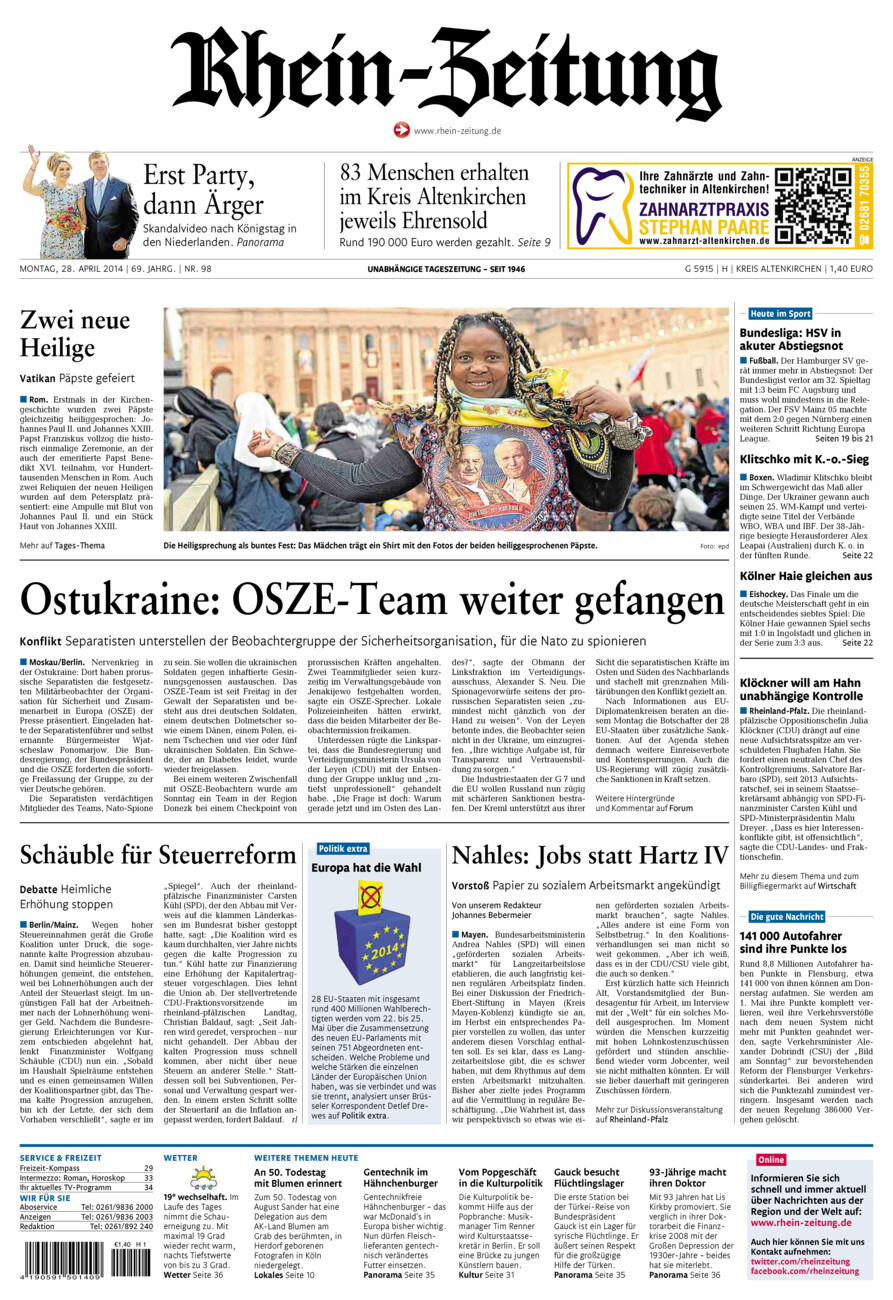 Rhein-Zeitung Kreis Altenkirchen vom Montag, 28.04.2014