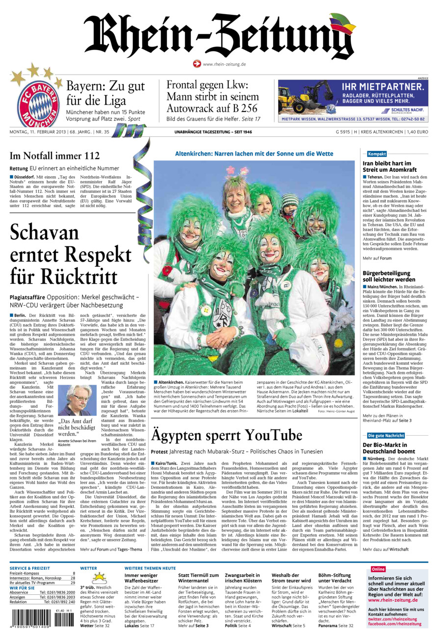 Rhein-Zeitung Kreis Altenkirchen vom Montag, 11.02.2013