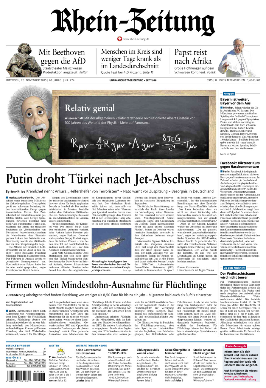 Rhein-Zeitung Kreis Altenkirchen vom Mittwoch, 25.11.2015