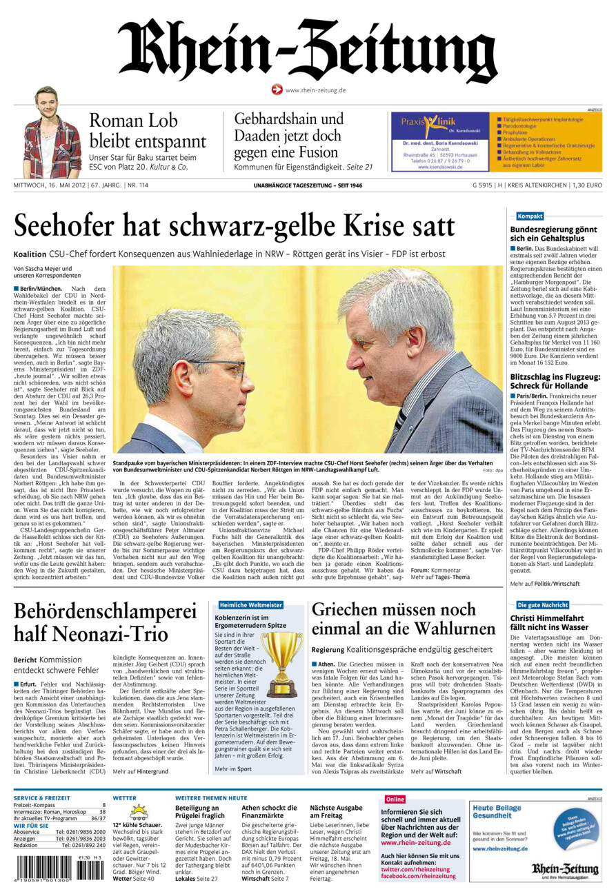 Rhein-Zeitung Kreis Altenkirchen vom Mittwoch, 16.05.2012