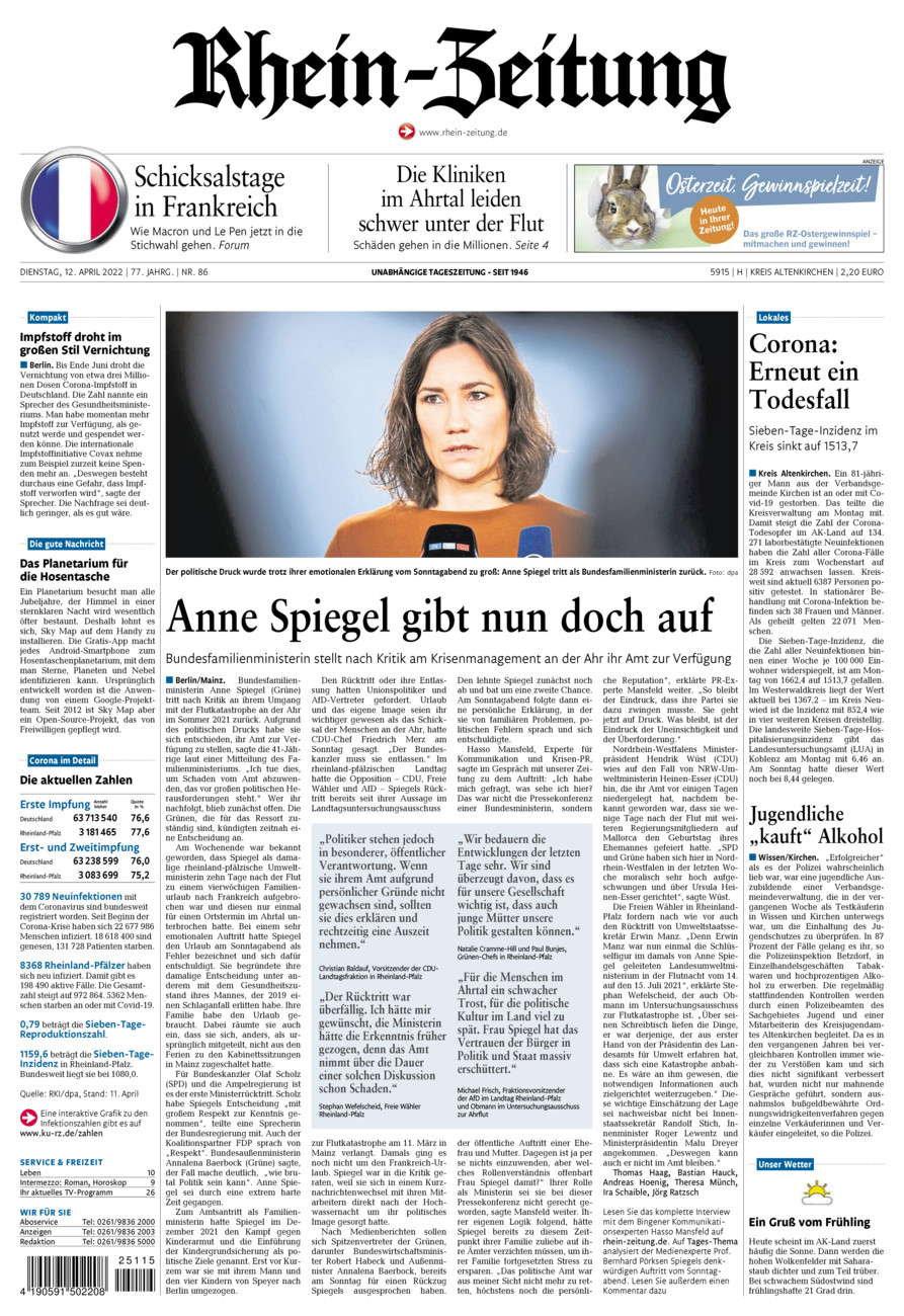 Rhein-Zeitung Kreis Altenkirchen vom Dienstag, 12.04.2022