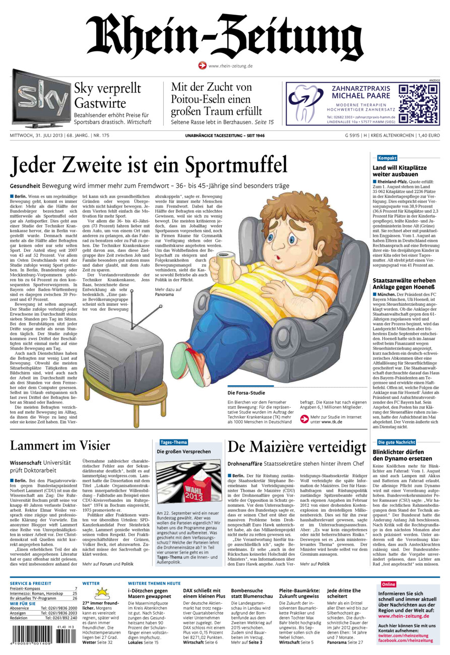 Rhein-Zeitung Kreis Altenkirchen vom Mittwoch, 31.07.2013