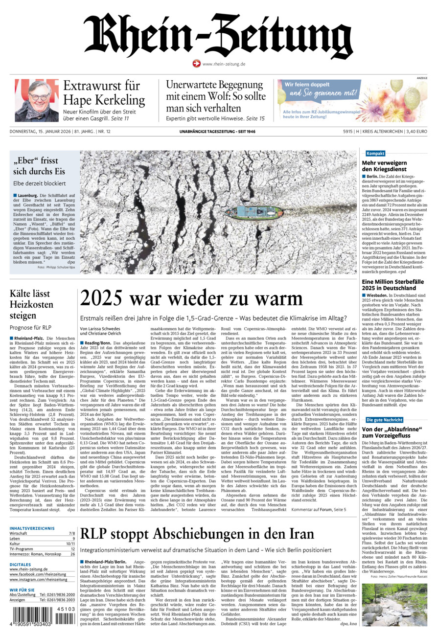 Rhein-Zeitung Kreis Altenkirchen vom Donnerstag, 15.01.2026