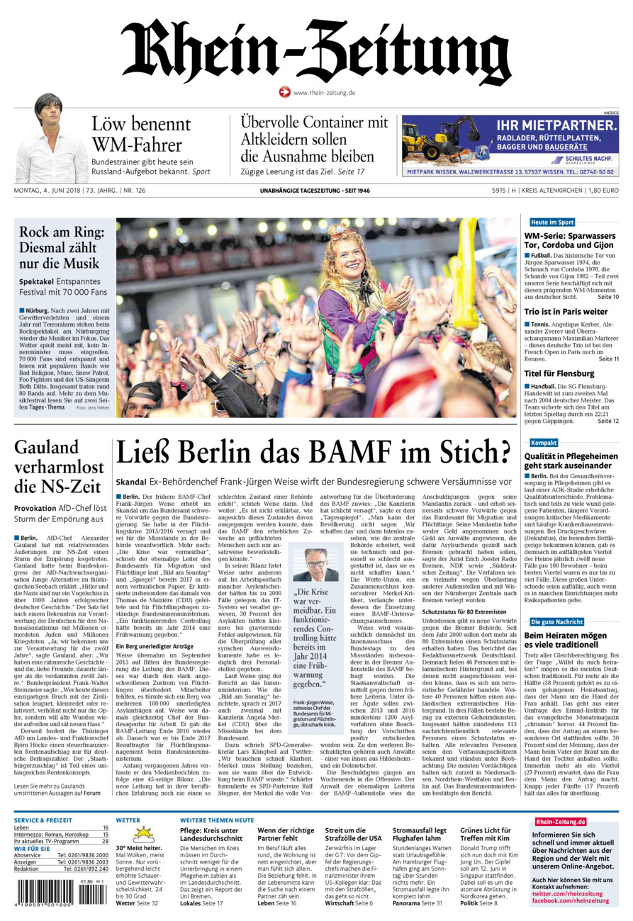 Rhein-Zeitung Kreis Altenkirchen vom Montag, 04.06.2018