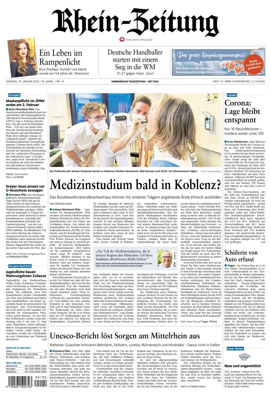 Rhein-Zeitung Kreis Altenkirchen vom Samstag, 14.01.2023