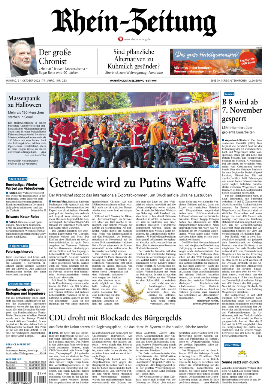 Rhein-Zeitung Kreis Altenkirchen vom Montag, 31.10.2022
