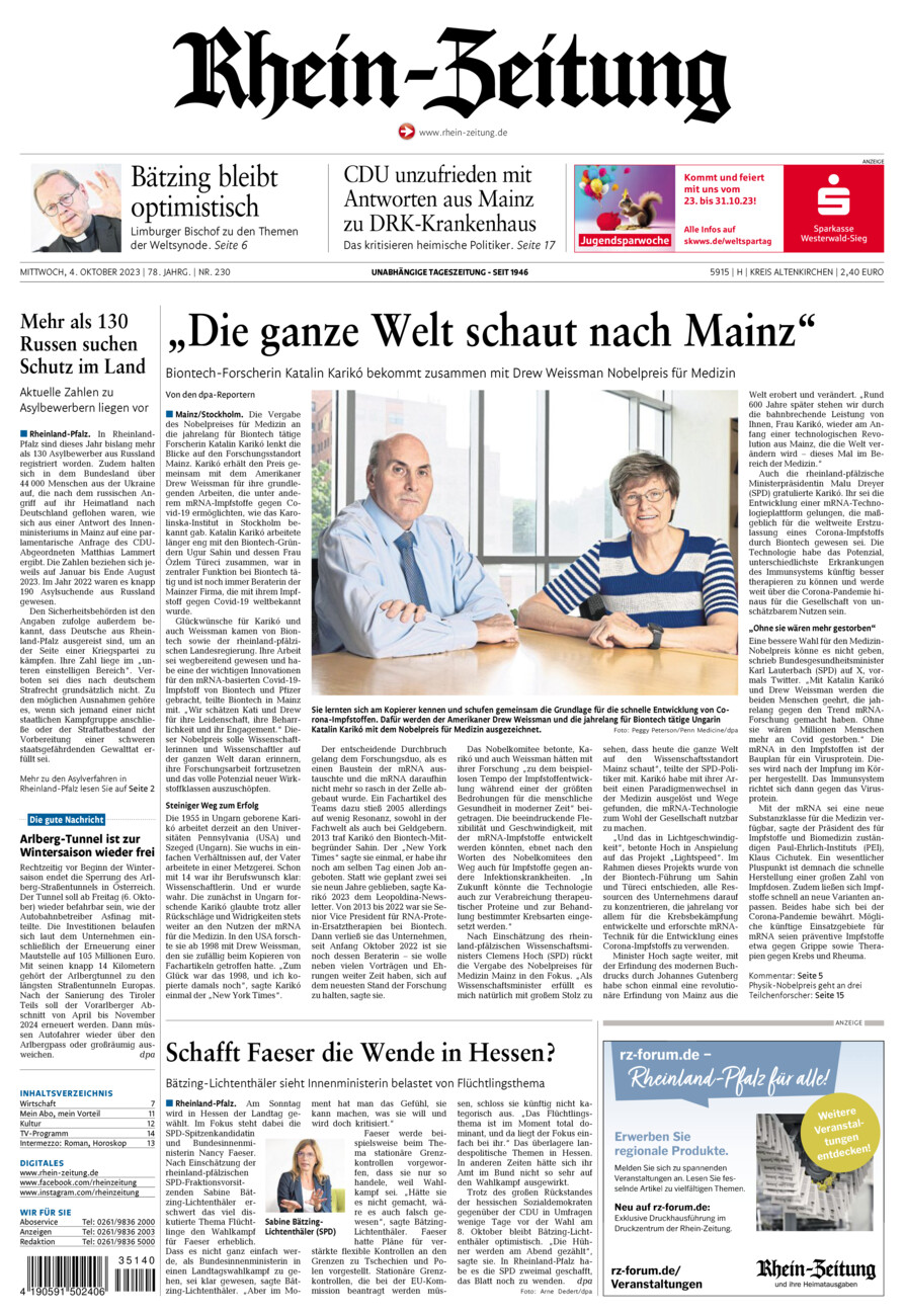 Rhein-Zeitung Kreis Altenkirchen vom Mittwoch, 04.10.2023
