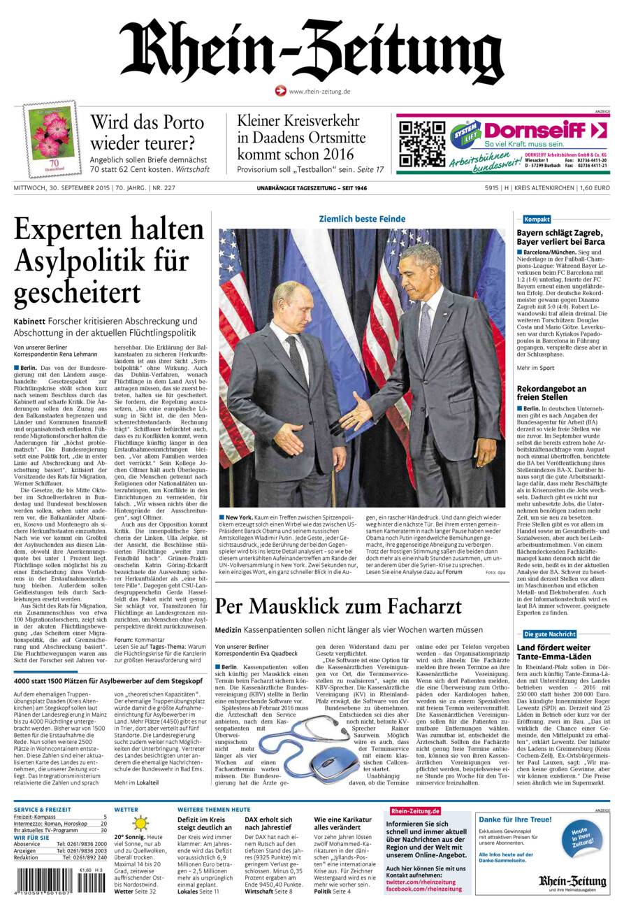 Rhein-Zeitung Kreis Altenkirchen vom Mittwoch, 30.09.2015