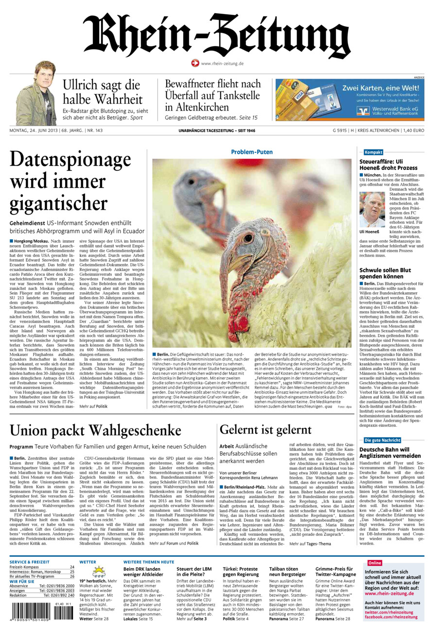 Rhein-Zeitung Kreis Altenkirchen vom Montag, 24.06.2013