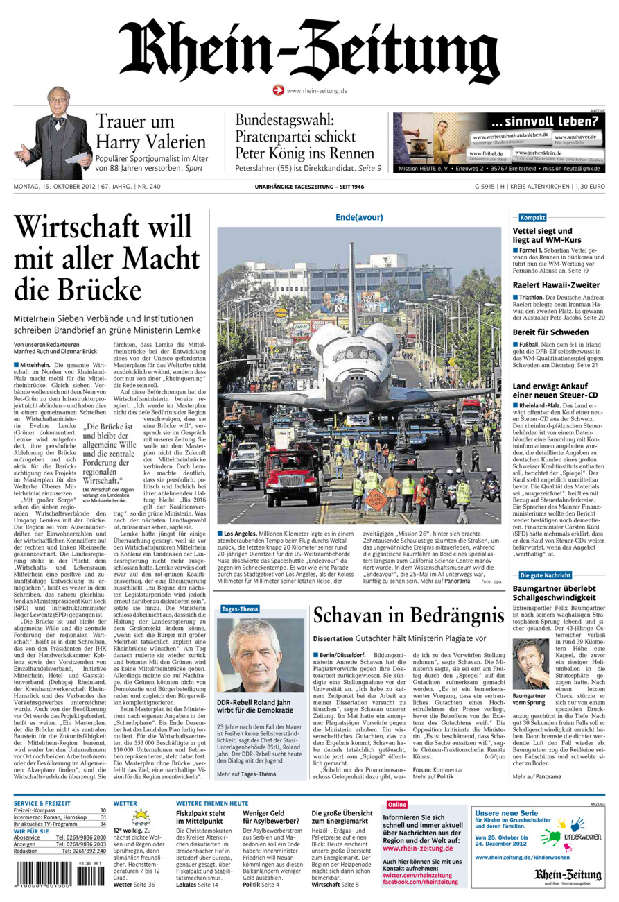 Rhein-Zeitung Kreis Altenkirchen vom Montag, 15.10.2012