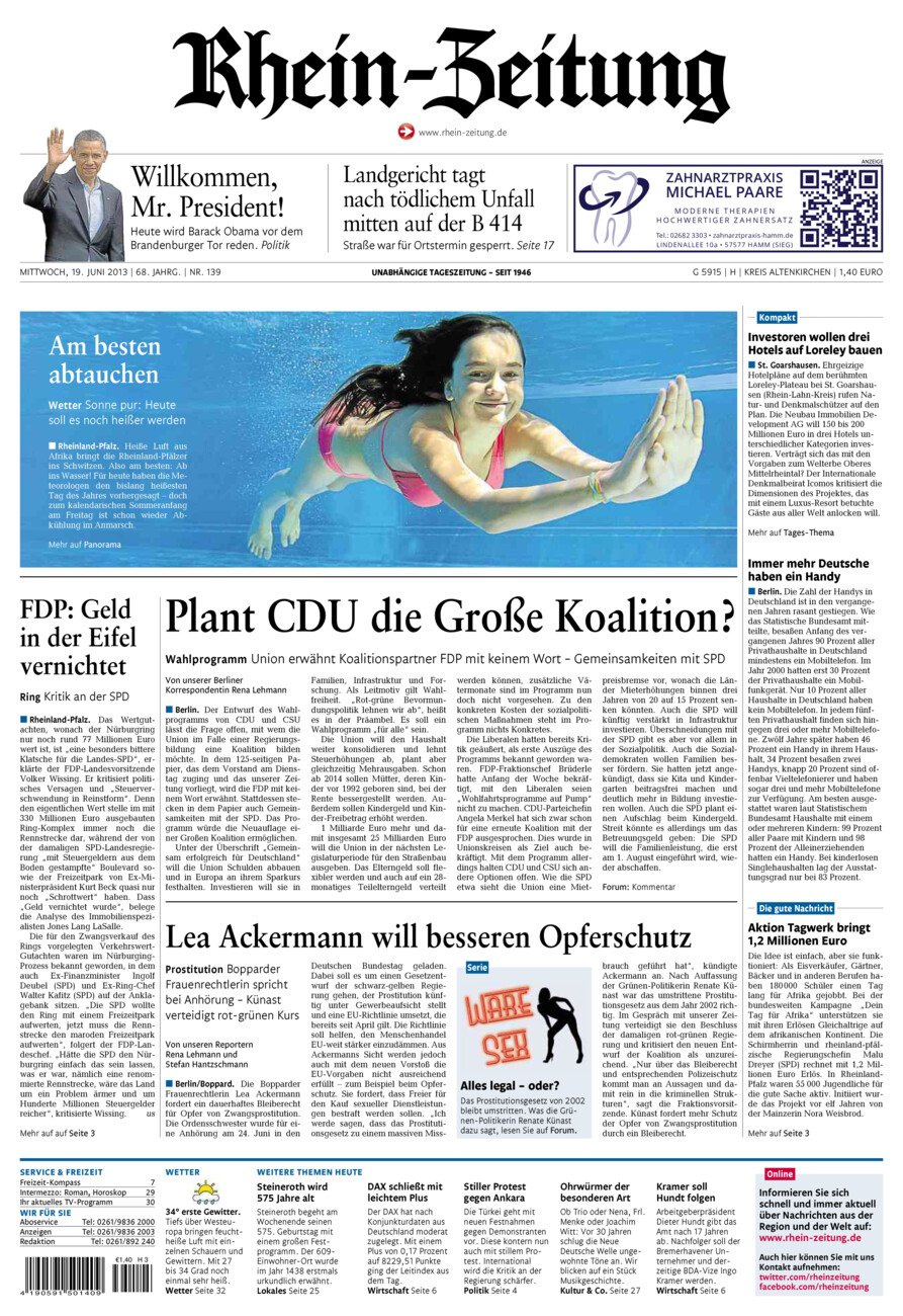 Rhein-Zeitung Kreis Altenkirchen vom Mittwoch, 19.06.2013