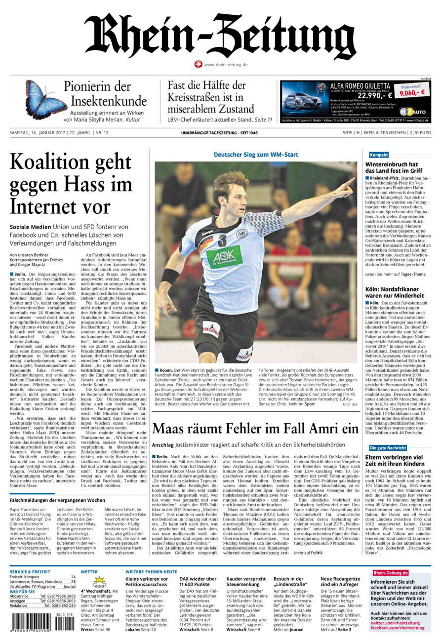 Rhein-Zeitung Kreis Altenkirchen vom Samstag, 14.01.2017