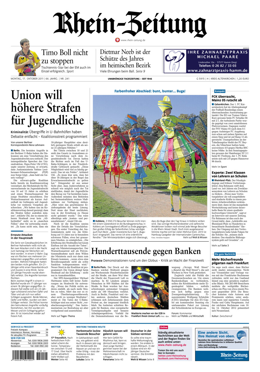 Rhein-Zeitung Kreis Altenkirchen vom Montag, 17.10.2011