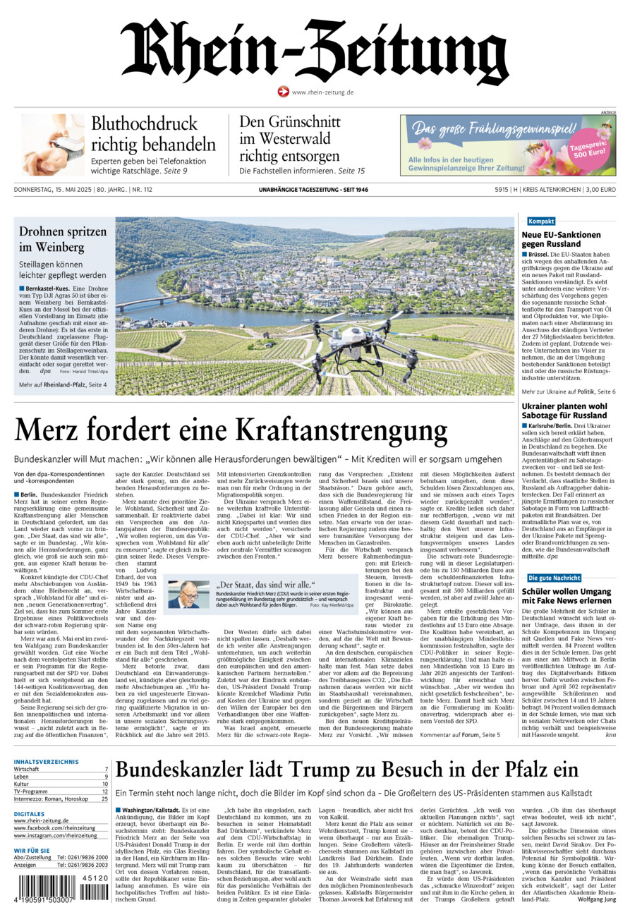 Rhein-Zeitung Kreis Altenkirchen vom Donnerstag, 15.05.2025