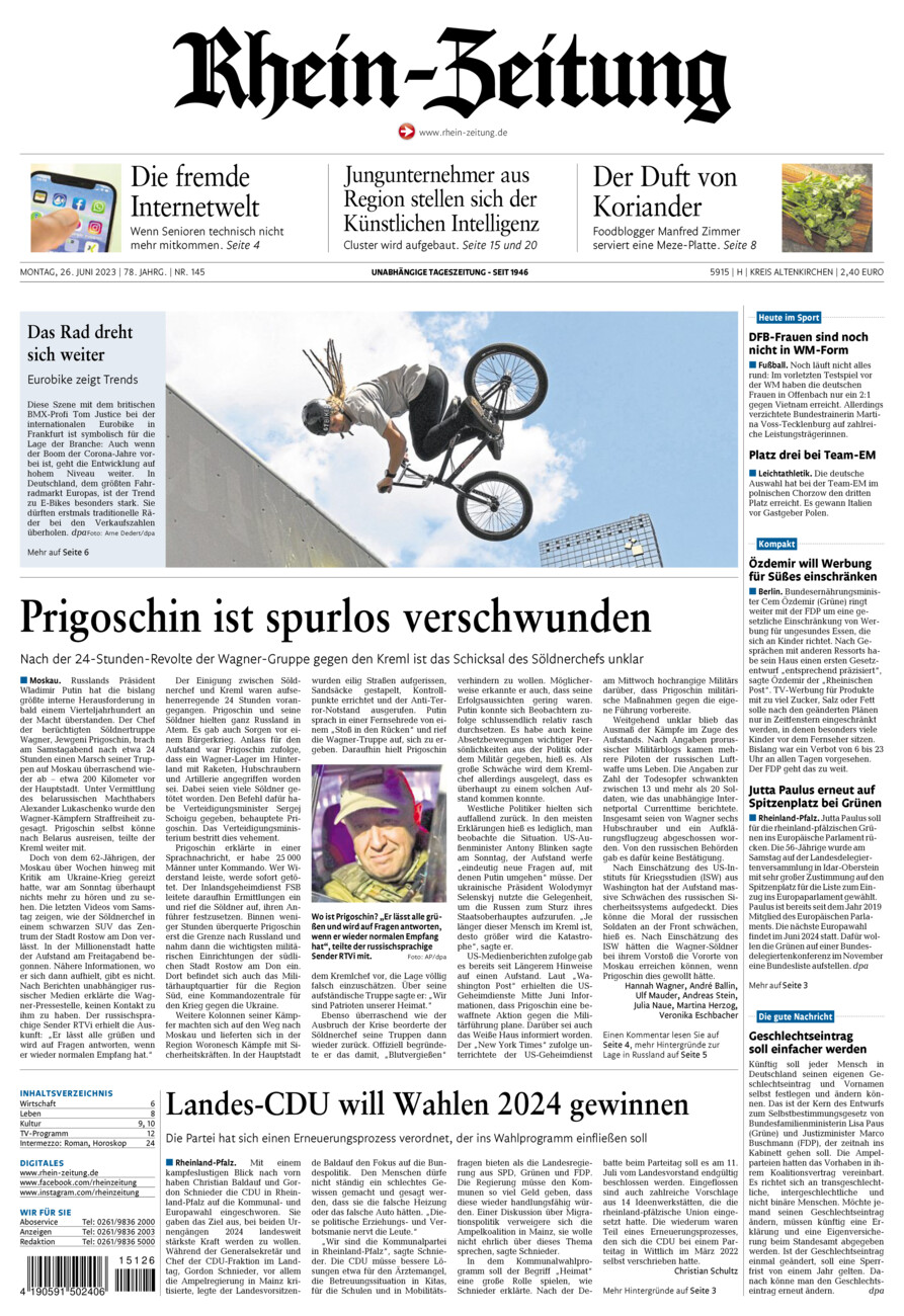 Rhein-Zeitung Kreis Altenkirchen vom Montag, 26.06.2023