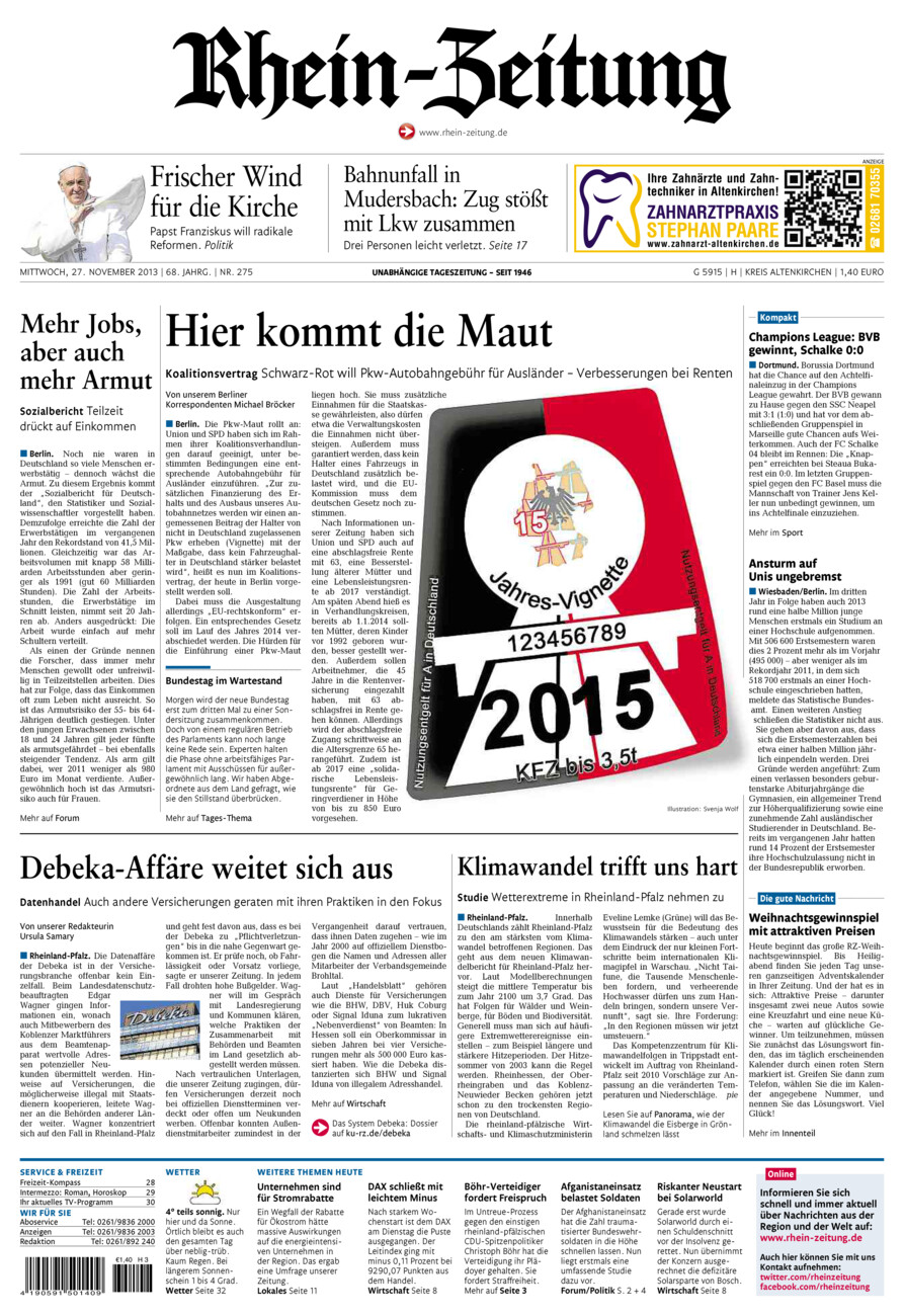 Rhein-Zeitung Kreis Altenkirchen vom Mittwoch, 27.11.2013