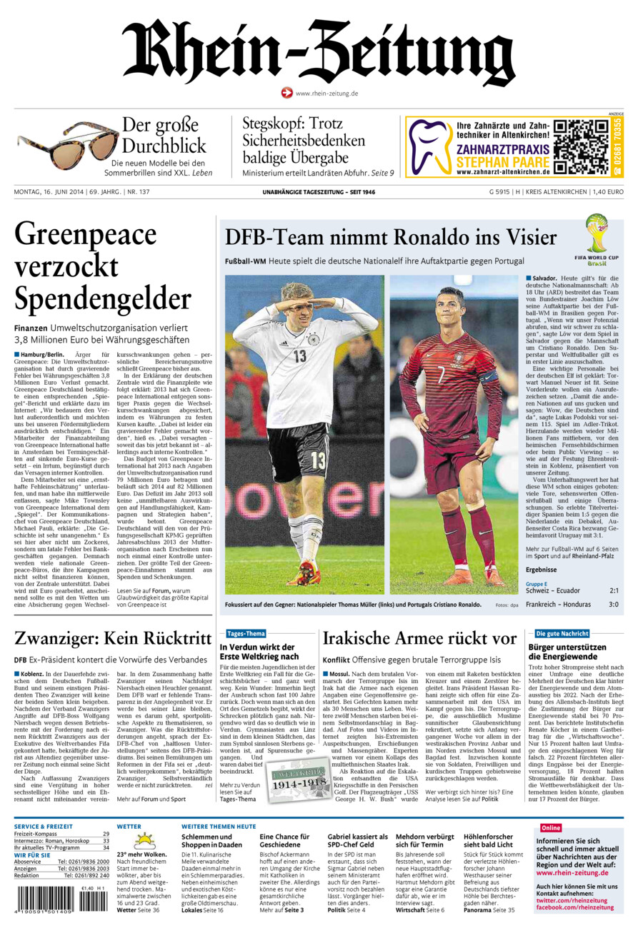Rhein-Zeitung Kreis Altenkirchen vom Montag, 16.06.2014