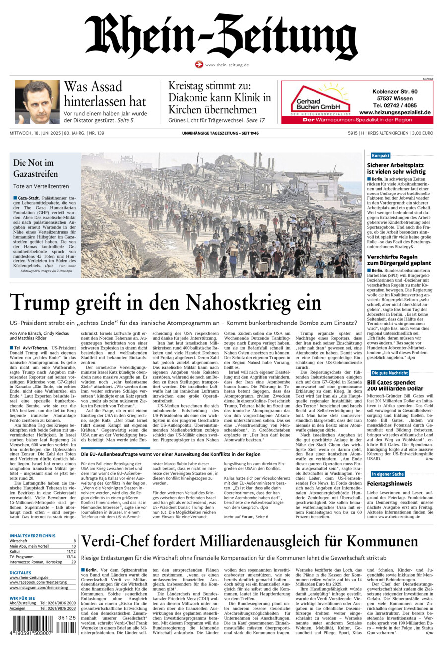 Rhein-Zeitung Kreis Altenkirchen vom Mittwoch, 18.06.2025