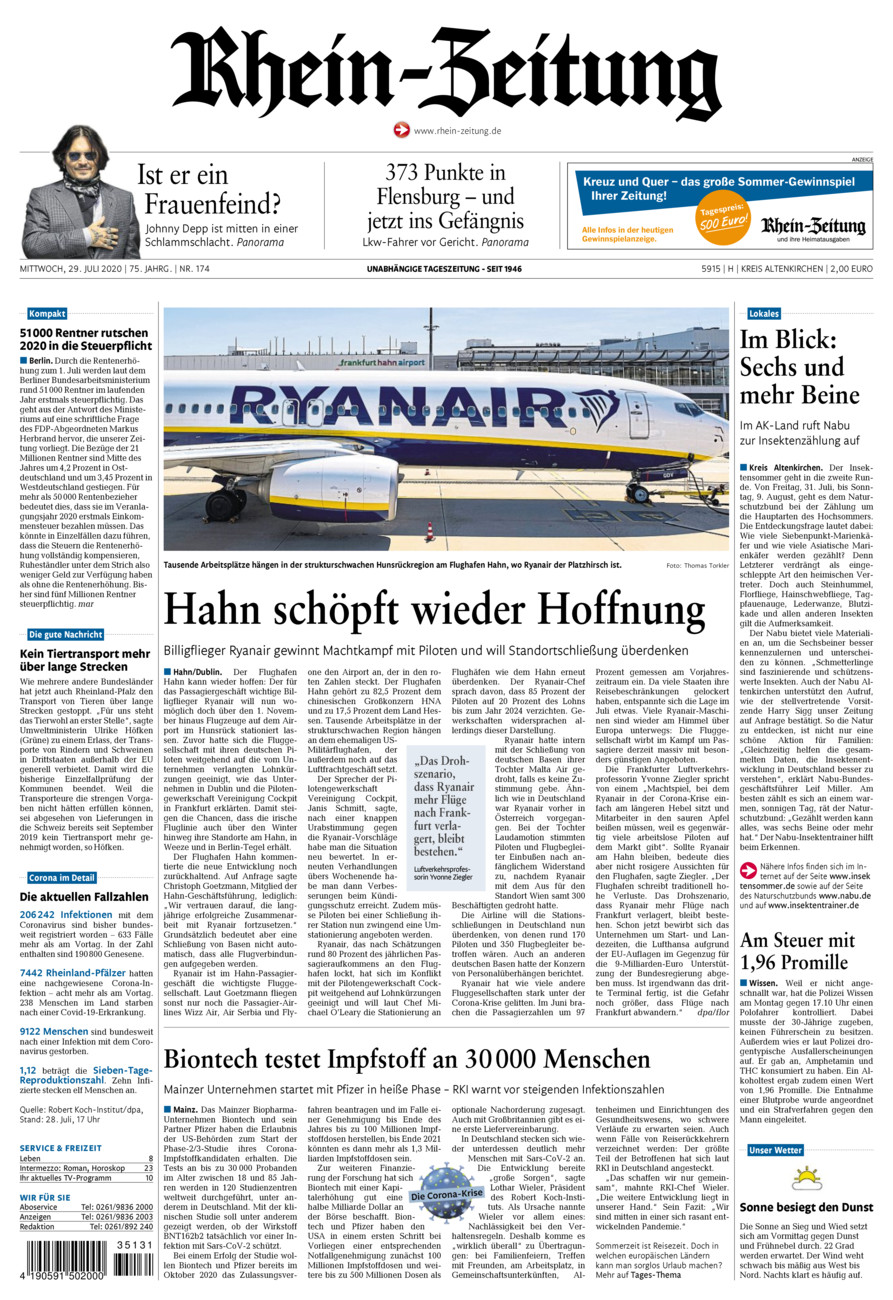 Rhein-Zeitung Kreis Altenkirchen vom Mittwoch, 29.07.2020