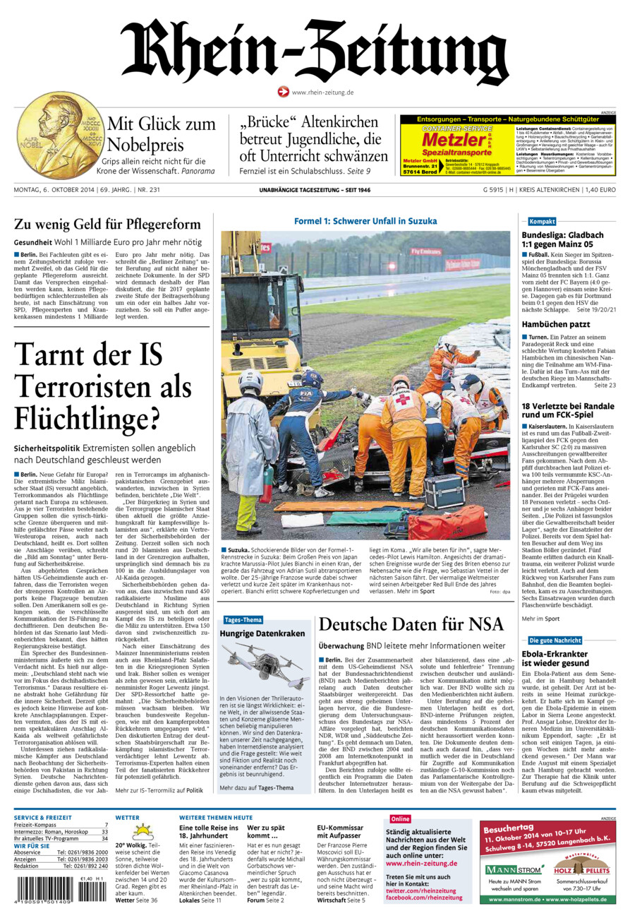 Rhein-Zeitung Kreis Altenkirchen vom Montag, 06.10.2014