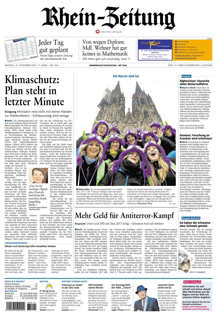 Rhein-Zeitung Kreis Altenkirchen vom Samstag, 12.11.2016