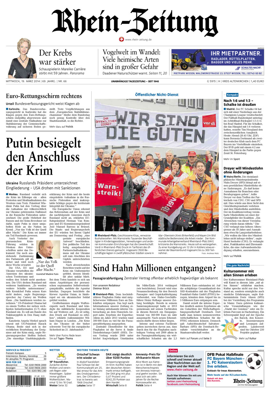 Rhein-Zeitung Kreis Altenkirchen vom Mittwoch, 19.03.2014