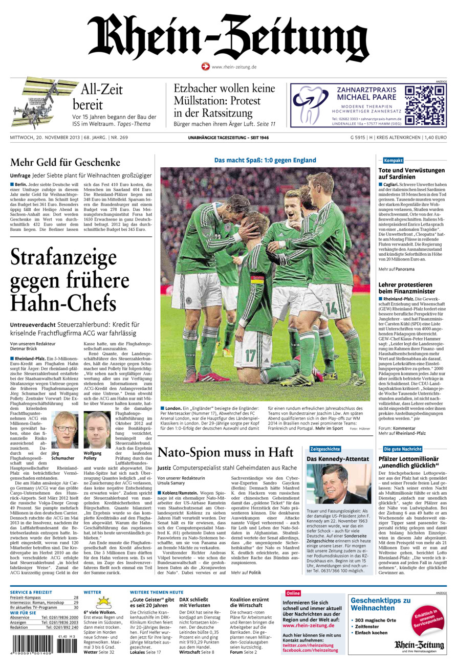 Rhein-Zeitung Kreis Altenkirchen vom Mittwoch, 20.11.2013