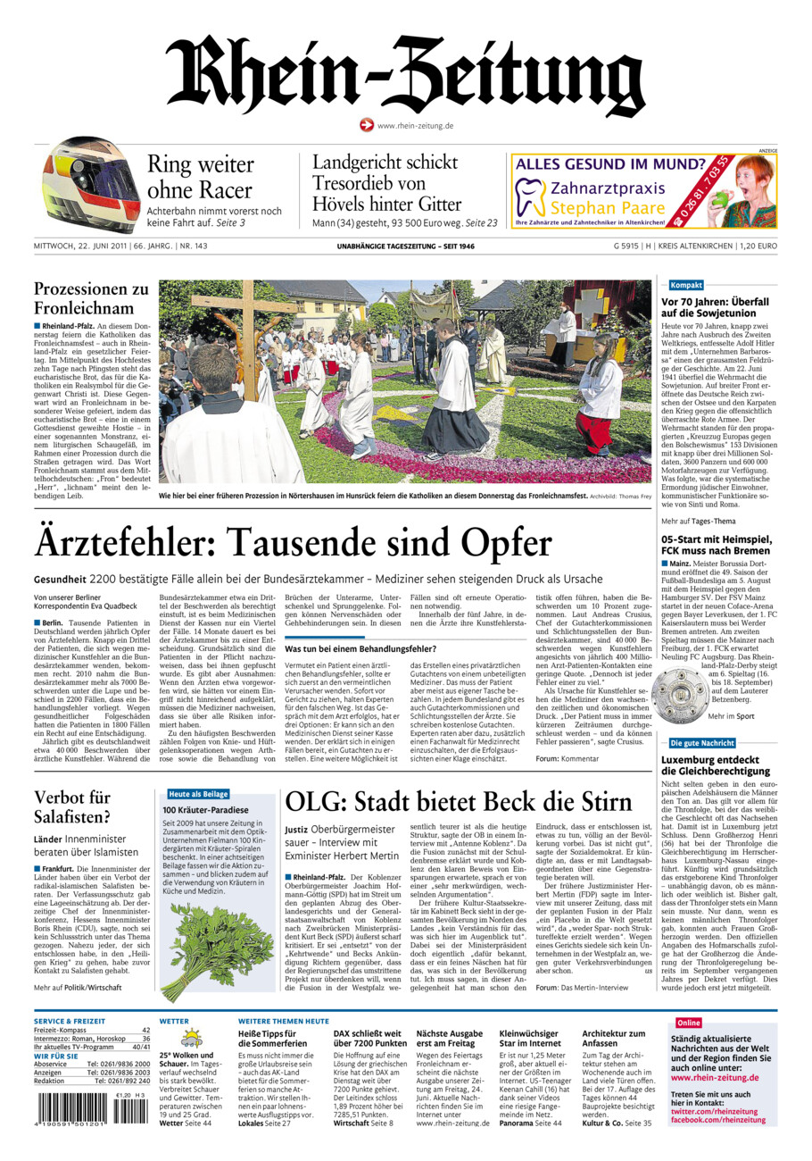 Rhein-Zeitung Kreis Altenkirchen vom Mittwoch, 22.06.2011