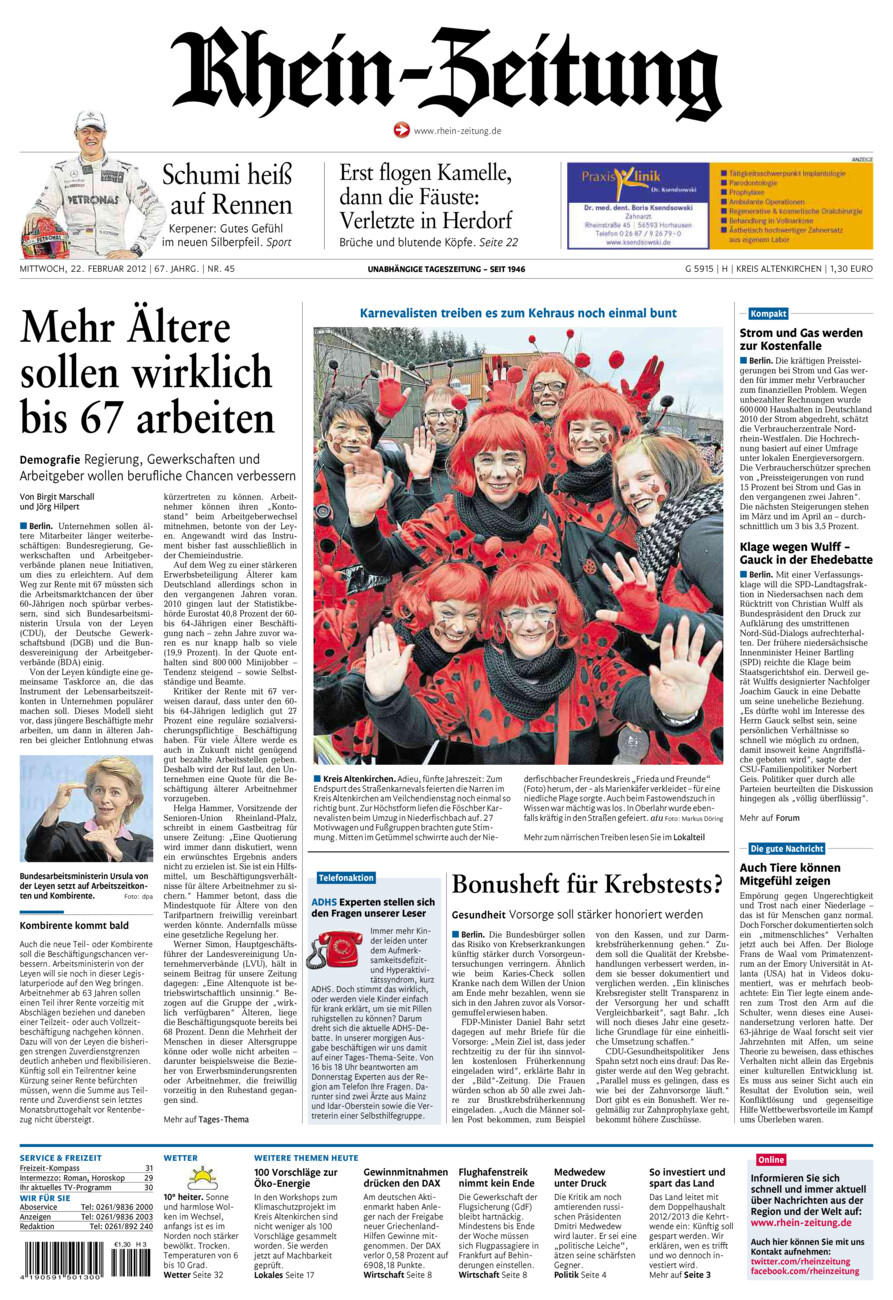 Rhein-Zeitung Kreis Altenkirchen vom Mittwoch, 22.02.2012