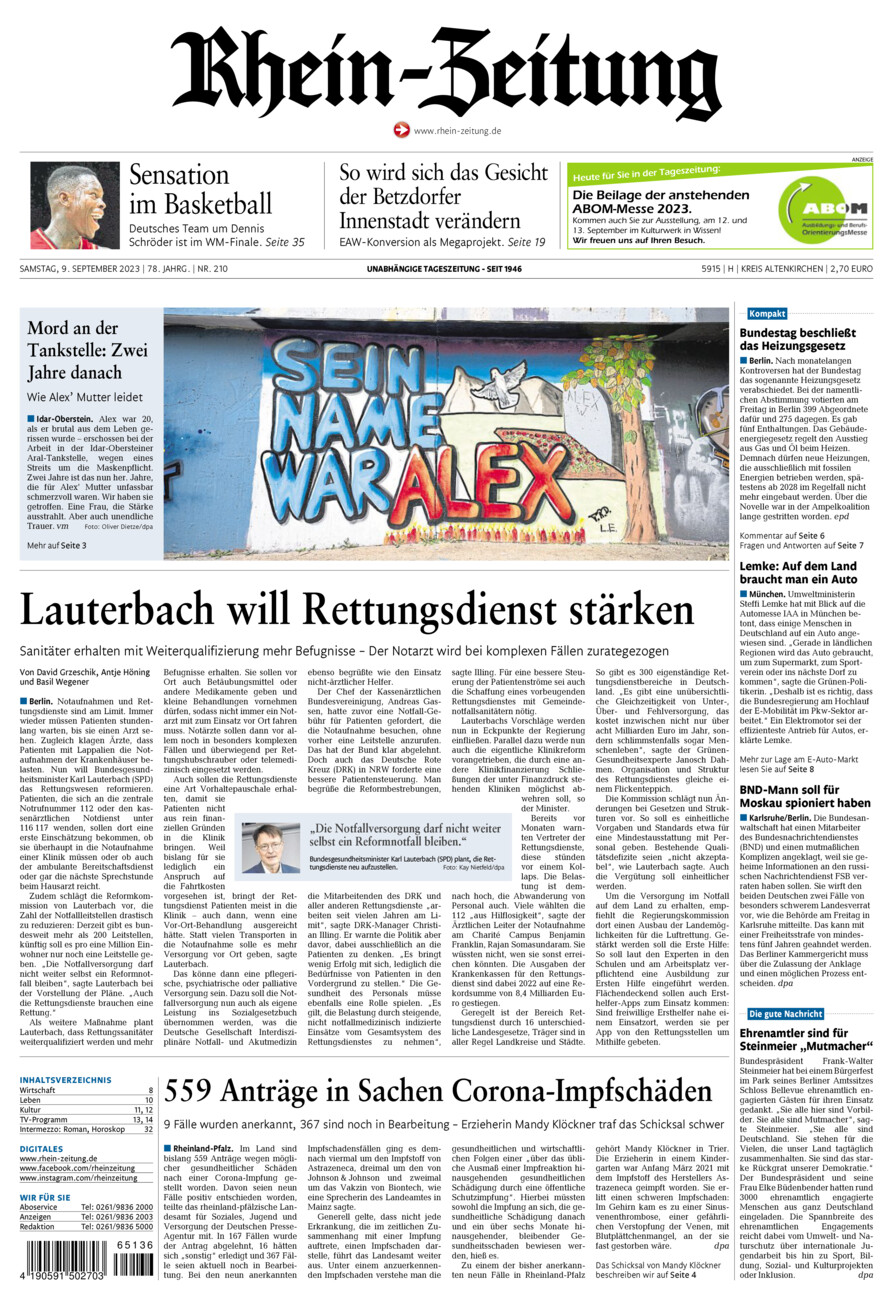 Rhein-Zeitung Kreis Altenkirchen vom Samstag, 09.09.2023