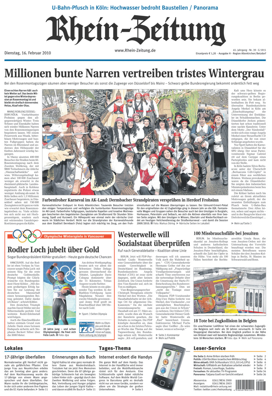 Rhein-Zeitung Kreis Altenkirchen vom Dienstag, 16.02.2010