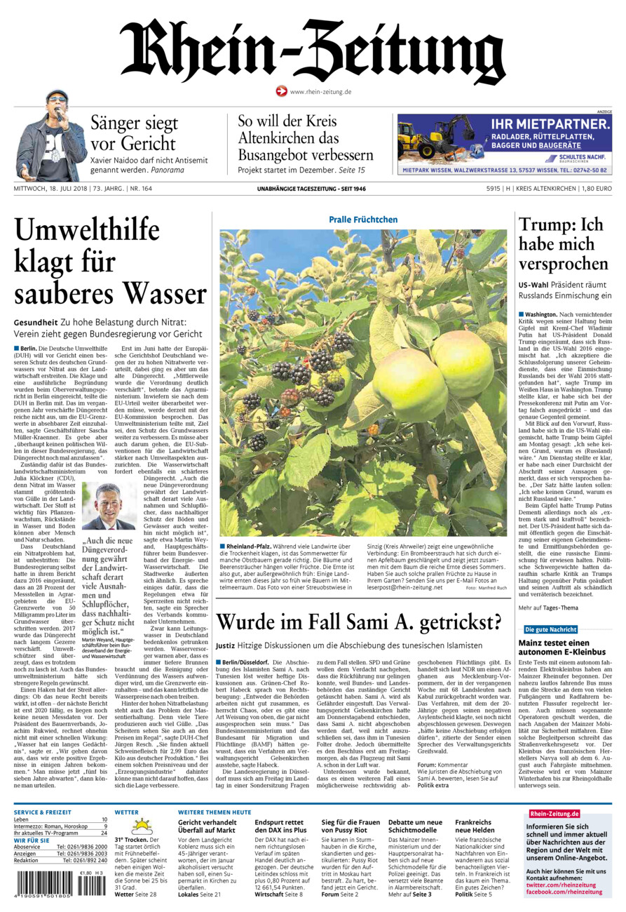 Rhein-Zeitung Kreis Altenkirchen vom Mittwoch, 18.07.2018