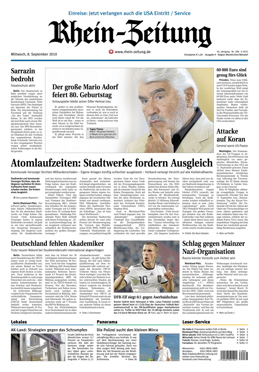 Rhein-Zeitung Kreis Altenkirchen vom Mittwoch, 08.09.2010