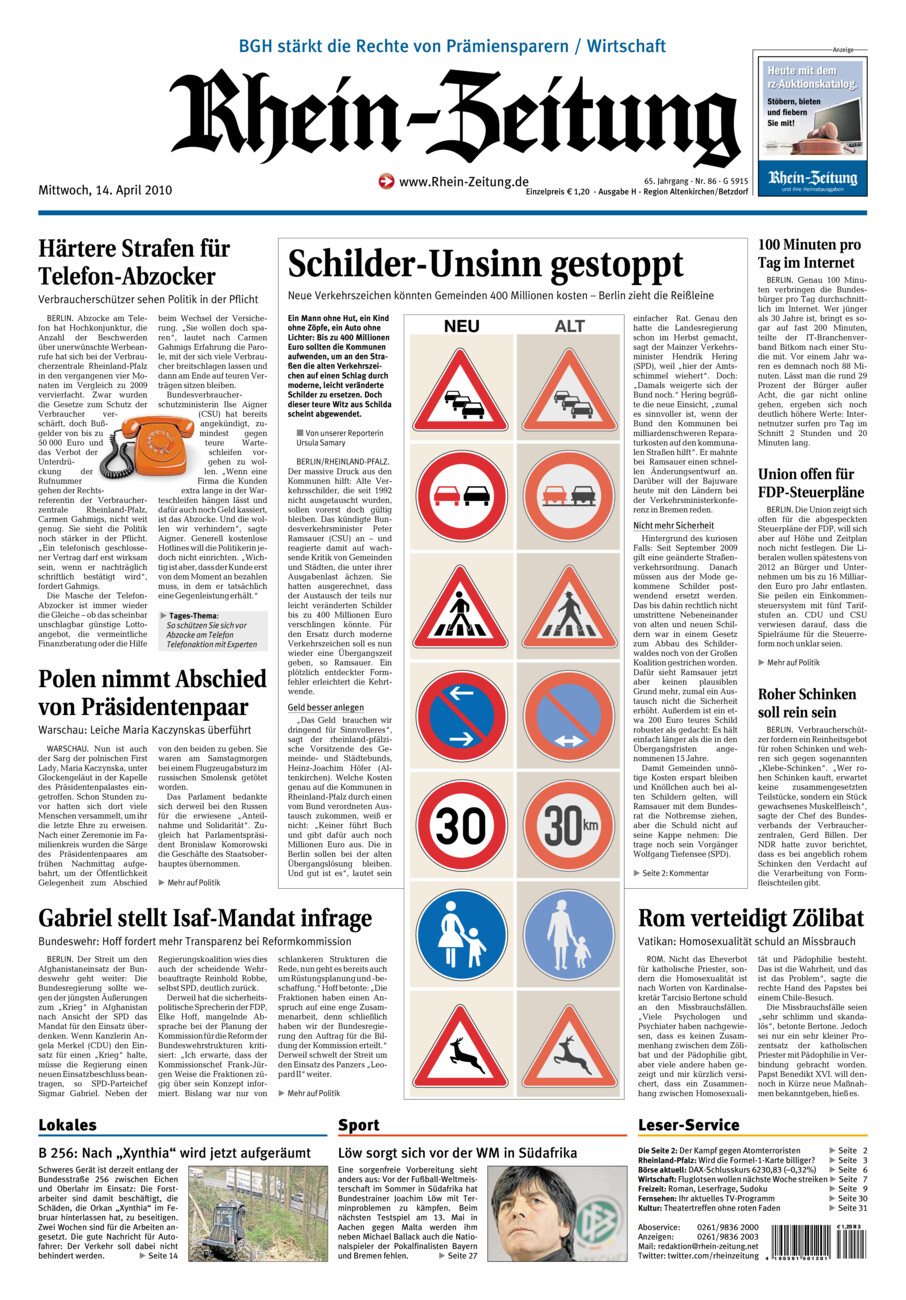 Rhein-Zeitung Kreis Altenkirchen vom Mittwoch, 14.04.2010