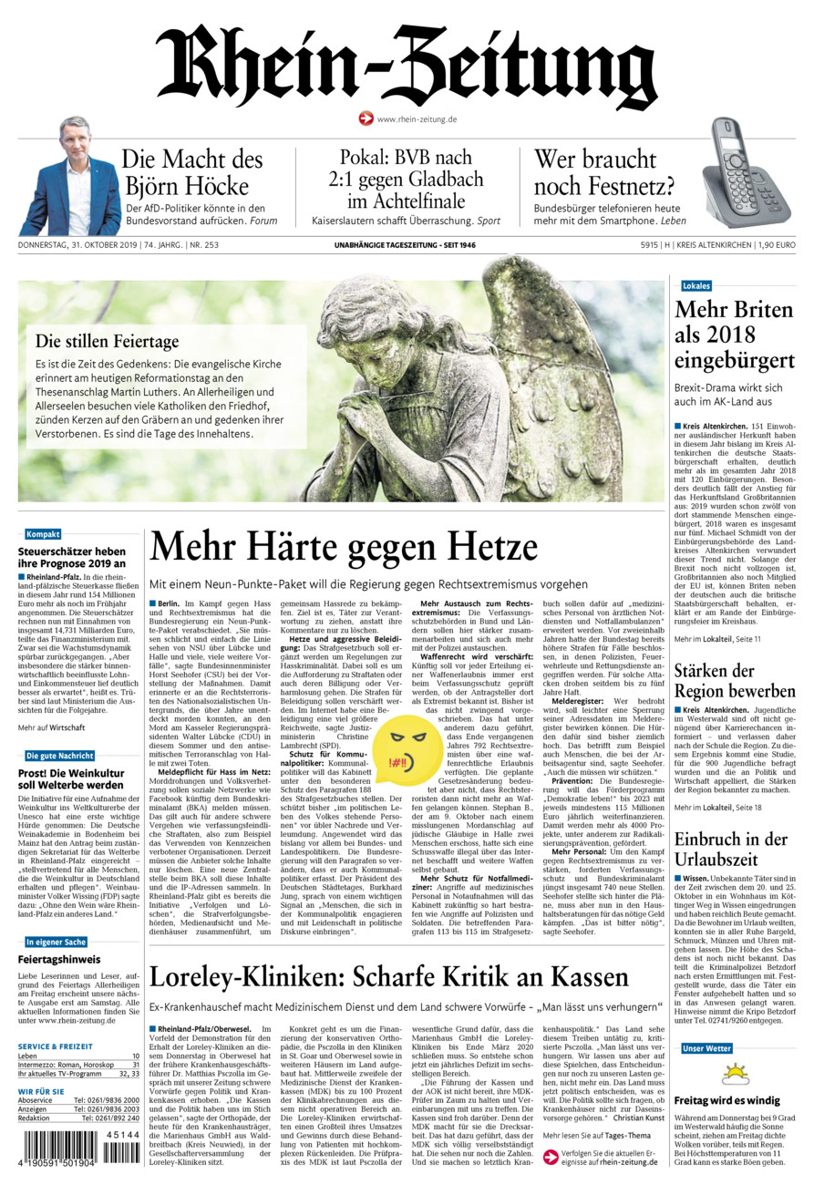 Rhein-Zeitung Kreis Altenkirchen vom Donnerstag, 31.10.2019