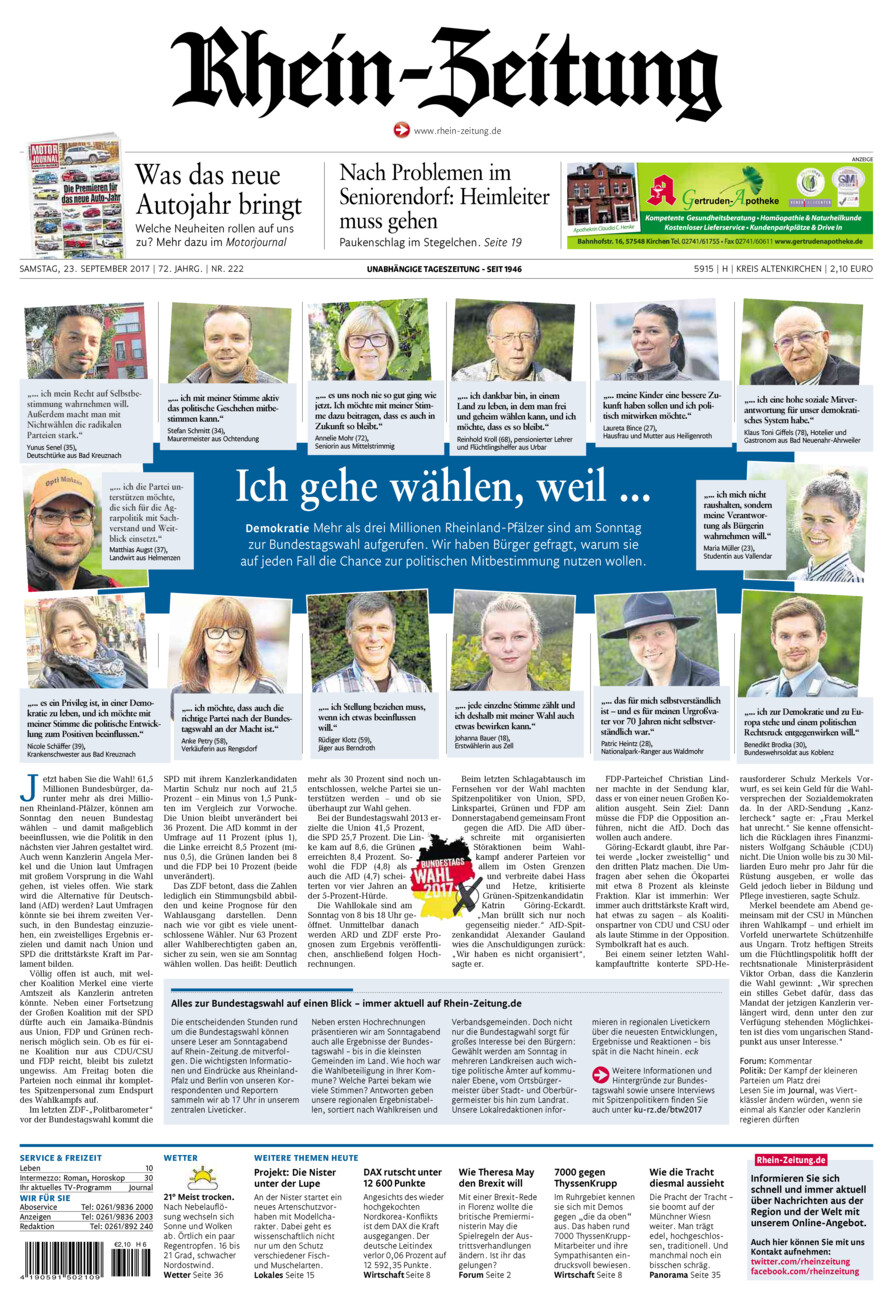 Rhein-Zeitung Kreis Altenkirchen vom Samstag, 23.09.2017
